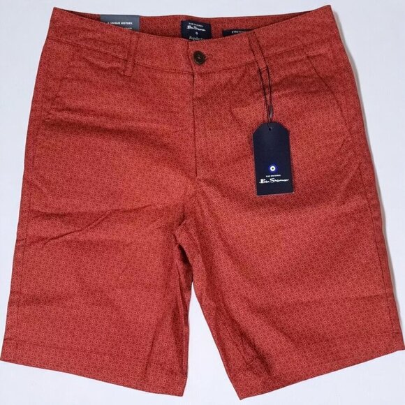 Ben Sherman Red Rust Casual Chino Shorts Regular  Fit Geometric Print NEW 32 - Picture 1 of 8